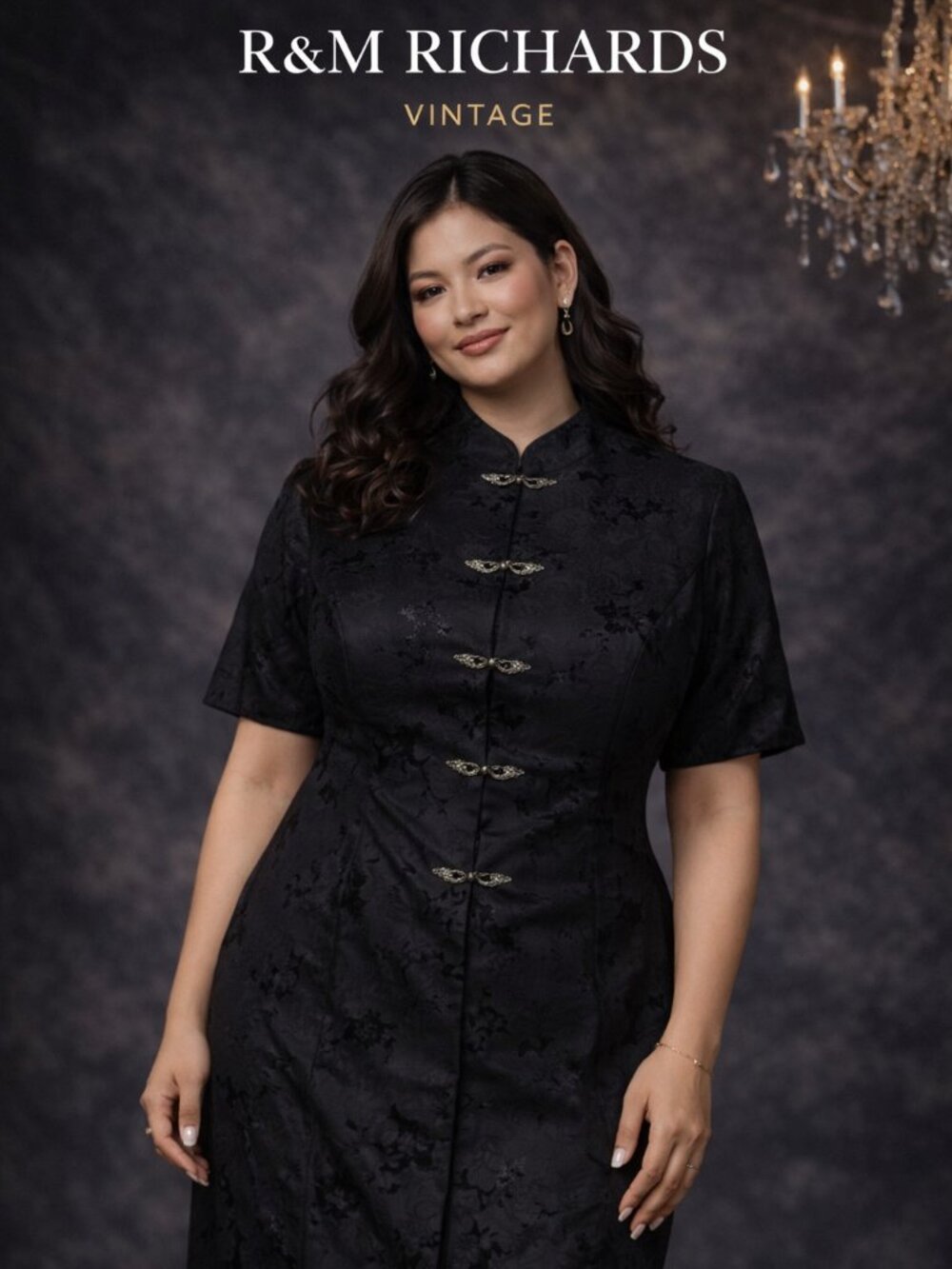 R&M Richards Black Floral Jacquard Dress Mandarin Collar Size 10 Vintage